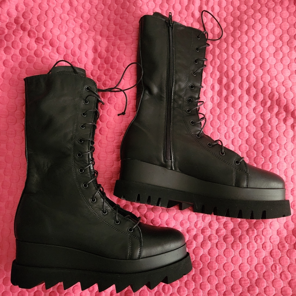 Sleek Black Euro Genuine Leather Platform Combat Boots